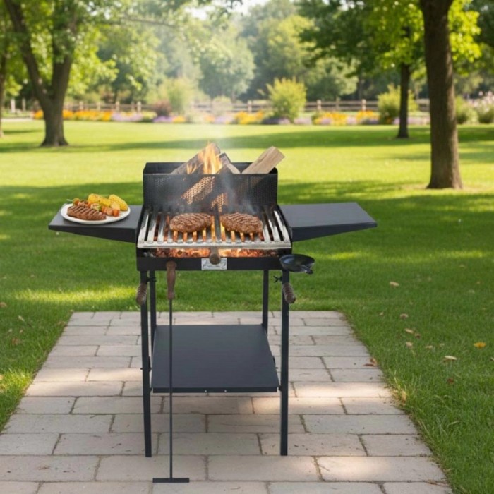 Barbecue a carbone e legna Belvedere nero con ripiani laterali