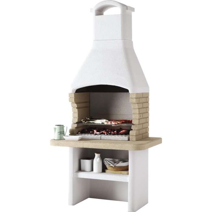 Barbecue in muratura per giardino e terrazza. Grill con ripiano e spazio di archiviazione.