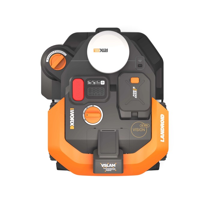 Worx Landroid Vision M800 robot tagliaerba senza cavo, vista dall'alto. Robot tagliaerba con RTK Cloud.