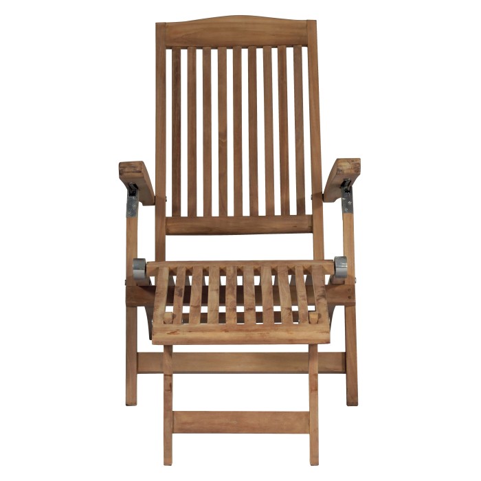 Sedia da giardino in legno, schienale e braccioli regolabili, per patio e balcone.
