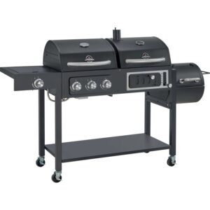Barbecue a gas nero con due aree di cottura e spazio di stoccaggio.