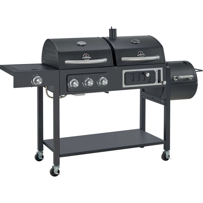 Barbecue a gas nero con due aree di cottura e spazio di stoccaggio.