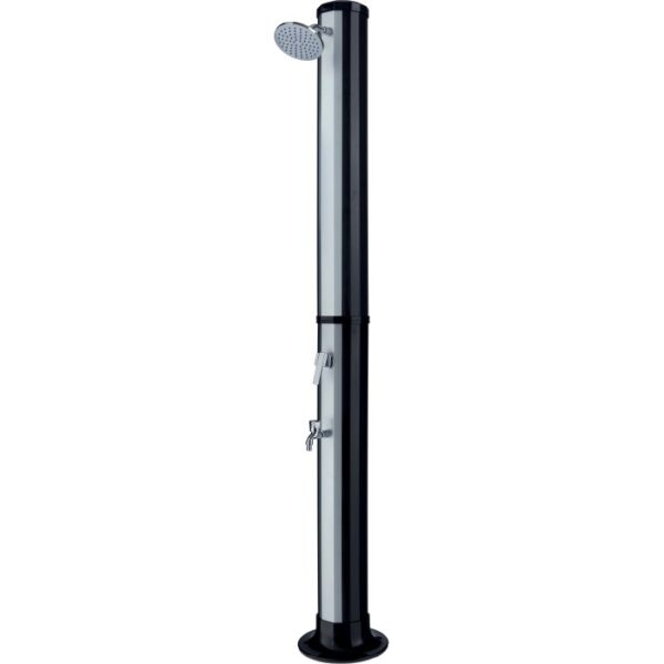 Doccia solare da esterno con doccetta per i piedi, alta 214 cm, in plastica nera e argento.