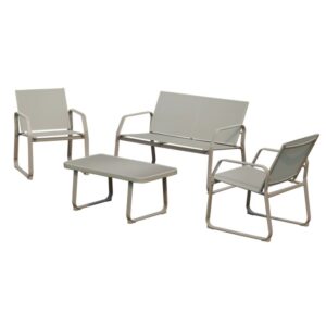 Set di mobili da giardino grigio con divano, due sedie e tavolo per esterni.