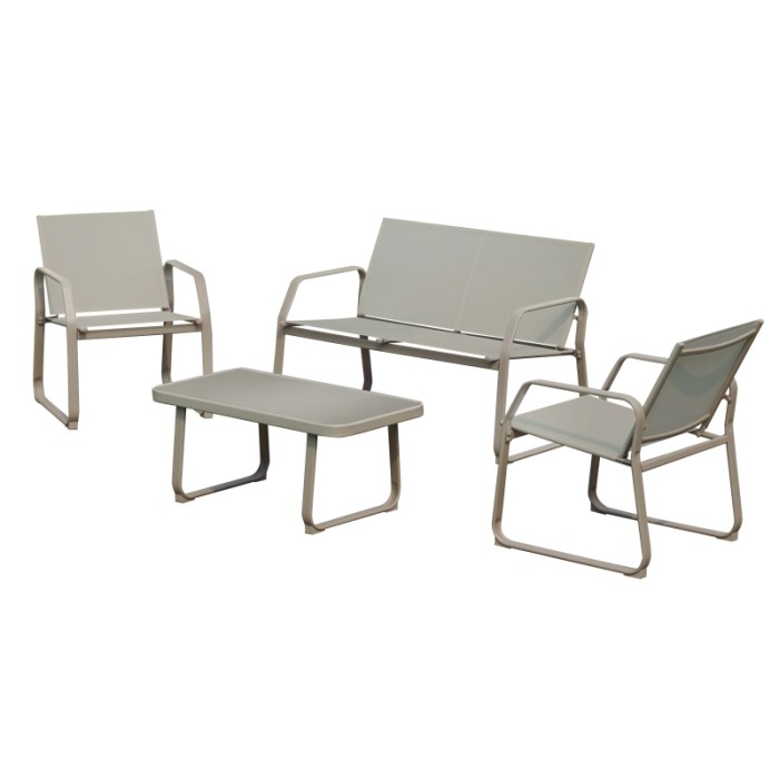 Set di mobili da giardino grigio con divano, due sedie e tavolo per esterni.