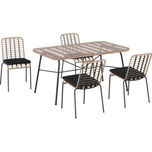 Set di mobili da giardino t.b.t. con tavolo e quattro sedie con cuscini neri.