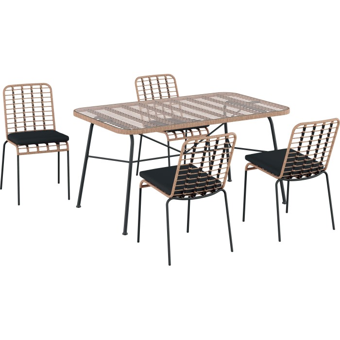 Set di mobili da giardino t.b.t. con tavolo e quattro sedie con cuscini neri.