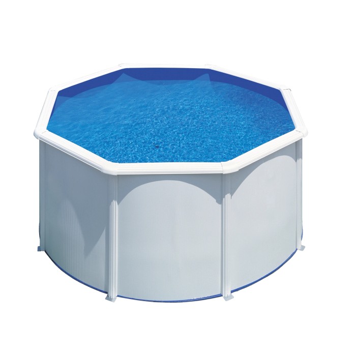 Piscina Gre Fidji con pareti in acciaio bianco, Ø 240 cm x 120 cm, con acqua blu. Set piscina completo.