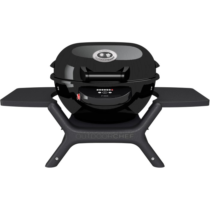 Barbecue elettrico Outdoorchef Minichef 420 E, nero, con coperchio e tavolini laterali.