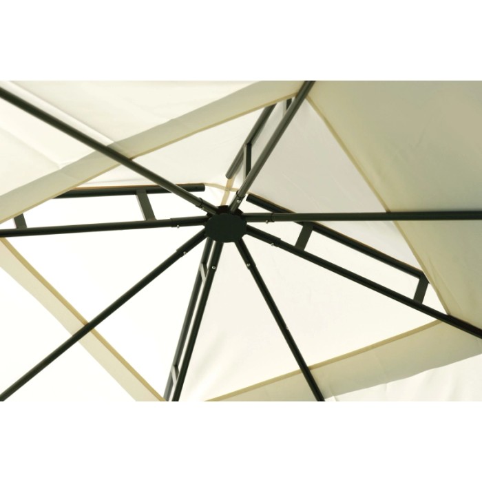 Dettaglio della struttura e del tetto del gazebo t.b.t., fotografato dal basso.