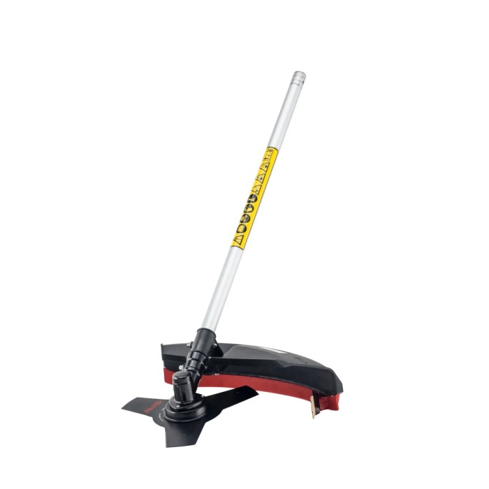 Decespugliatore t.b.t. per lavori di giardinaggio. Tagliabordi con testina e protezione.