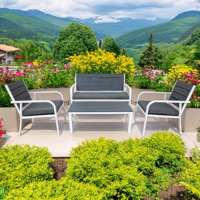 Set di mobili da giardino t.b.t. con panca, tavolo e due sedie in grigio e bianco.