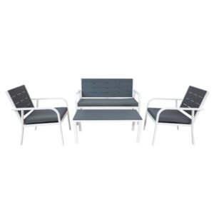 Set di mobili da giardino t.b.t. con due sedie, panca e tavolo, struttura bianca, cuscini grigi.
