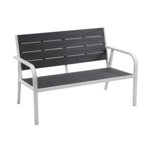 Panca da giardino del Set di mobili da giardino con legno grigio e telaio argento.