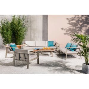 Set lounge North Valley a 3 pezzi in alluminio e legno di eucalipto FSC® con cuscini.