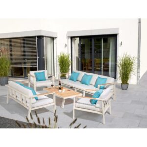 Set lounge North Valley 3 pezzi in alluminio e legno di eucalipto FSC® con cuscini.