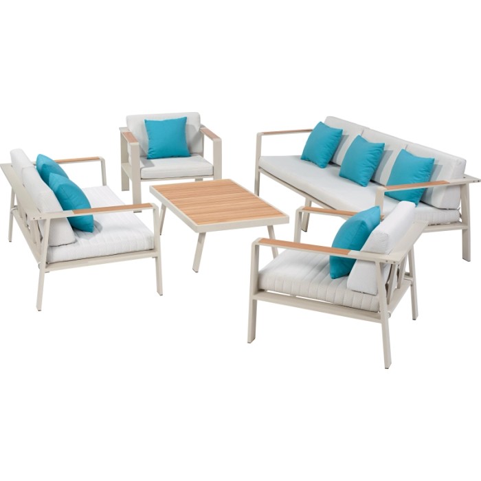 Set lounge North Valley 3 pezzi in alluminio e legno di eucalipto con cuscini.