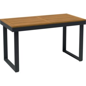 Tavolo da esterno con piano in legno e struttura in metallo nero.