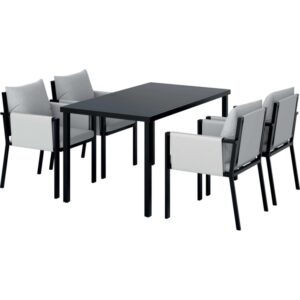 Set di mobili da giardino moderno con tavolo e quattro sedie in nero e grigio.
