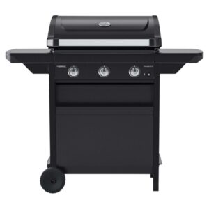 Barbecue a gas nero con tre bruciatori e ripiani laterali.