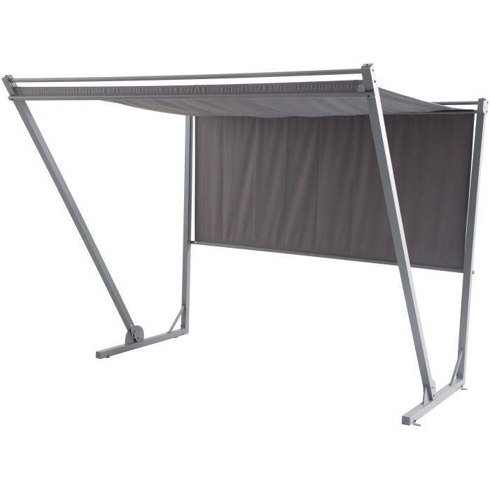 Gazebo t.b.t. grigio con pannelli laterali in tessuto e struttura in metallo.