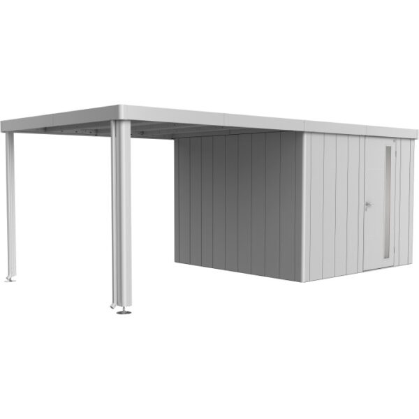 Tettoia laterale Biohort in argento metallizzato per casetta Neo, copertura in metallo.