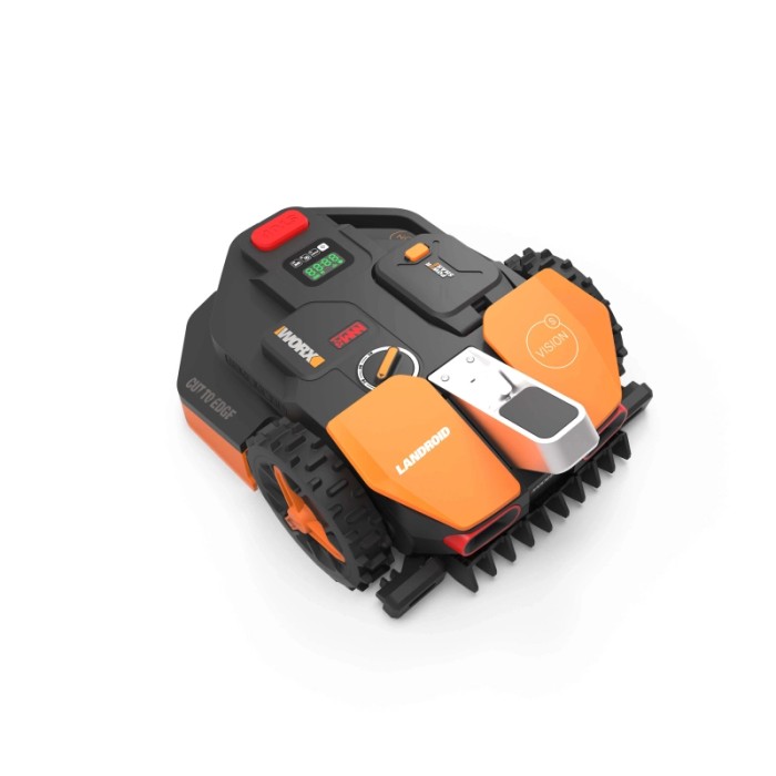 Robot tagliaerba Worx Landroid Vision S250 WR202E nero e arancione, vista dall'alto.