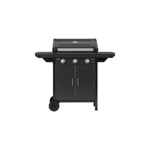Carrello barbecue nero t.b.t. con tre bruciatori e mobile base per campeggio e giardino.