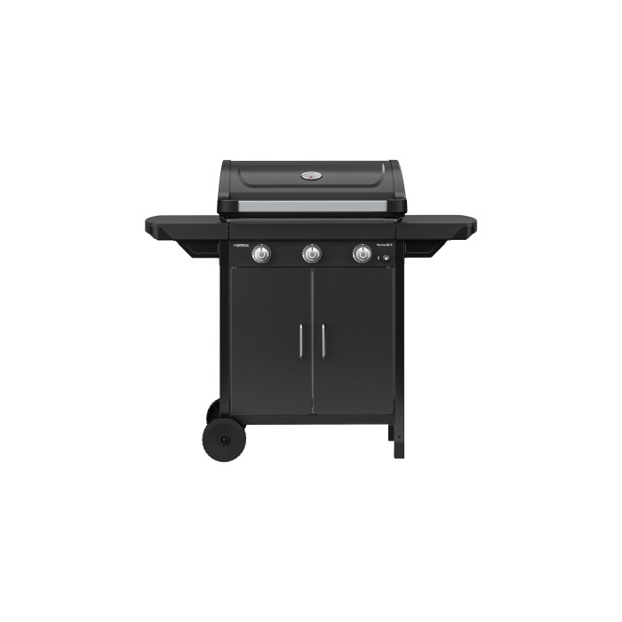 Carrello barbecue nero t.b.t. con tre bruciatori e mobile base per campeggio e giardino.
