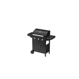 Barbecue a gas nero con tre bruciatori, ripiani laterali e armadietto.