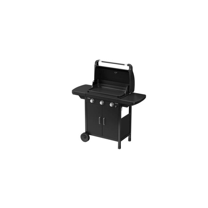 Barbecue a gas nero con ripiani e mobile base per campeggio e giardino.