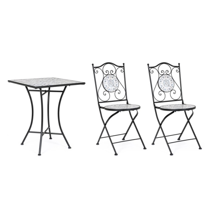 Set bistrot pieghevole ERICE per giardino/balcone: tavolo bistrot con 2 sedie, mosaico in ceramica, struttura in acciaio.