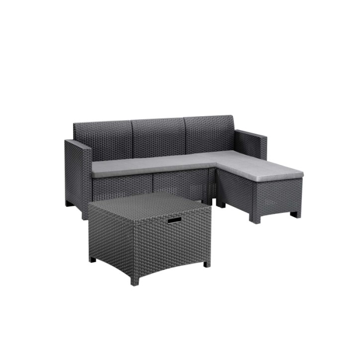 Set di mobili da giardino t.b.t. grigio con divano e tavolo in rattan.