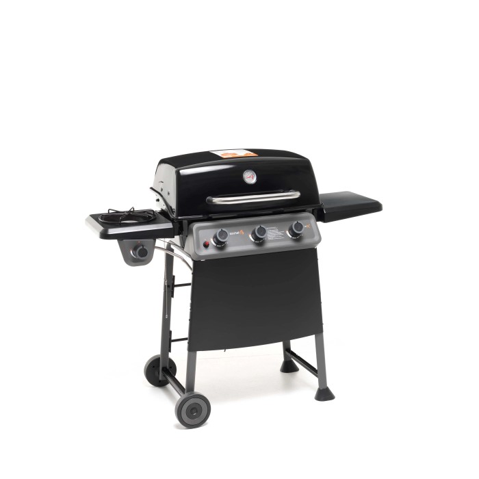 Barbecue a gas t.b.t. nero con tre bruciatori e ripiano laterale per OBI.