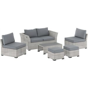 Set lounge divano Hopevale 6 pezzi in wicker grigio con tavolo e cuscini grigi.
