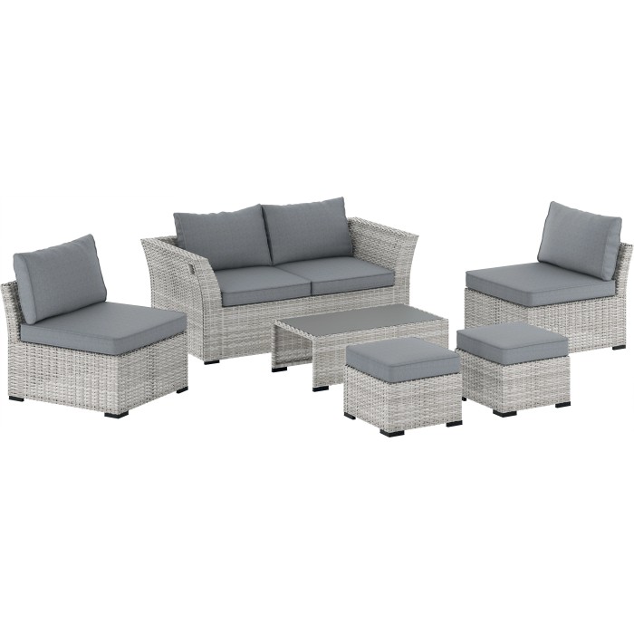 Set lounge divano Hopevale 6 pezzi in wicker grigio con tavolo e cuscini grigi.