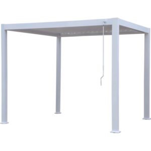 Gazebo t.b.t. bianco con meccanismo a manovella per protezione solare.