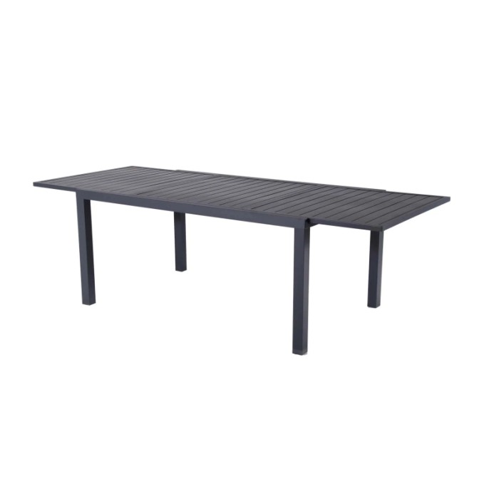 Tavolo da giardino grigio t.b.t. con piano rettilineo e quattro gambe.