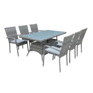 Set di mobili da giardino grigio con tavolo e sei sedie in rattan.