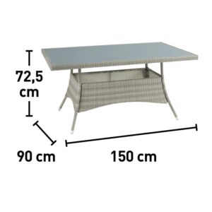 Tavolo da giardino grigio in rattan con piano in vetro, dimensioni: 150x90x72,5 cm.