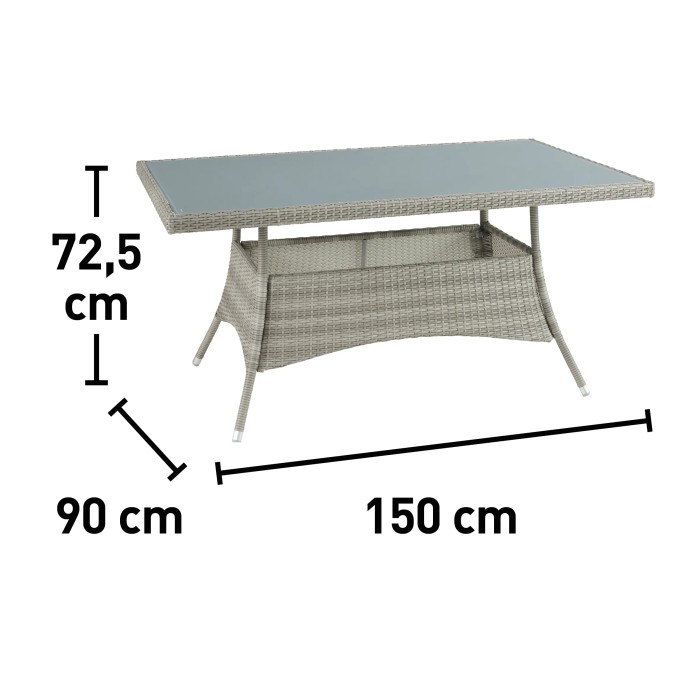 Tavolo da giardino grigio in rattan con piano in vetro, dimensioni: 150x90x72,5 cm.