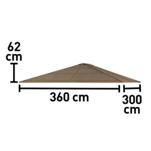 Disegno tecnico del t.b.t. per protezione solare, dimensioni: 62 cm altezza, 360 cm lunghezza, 300 cm larghezza.