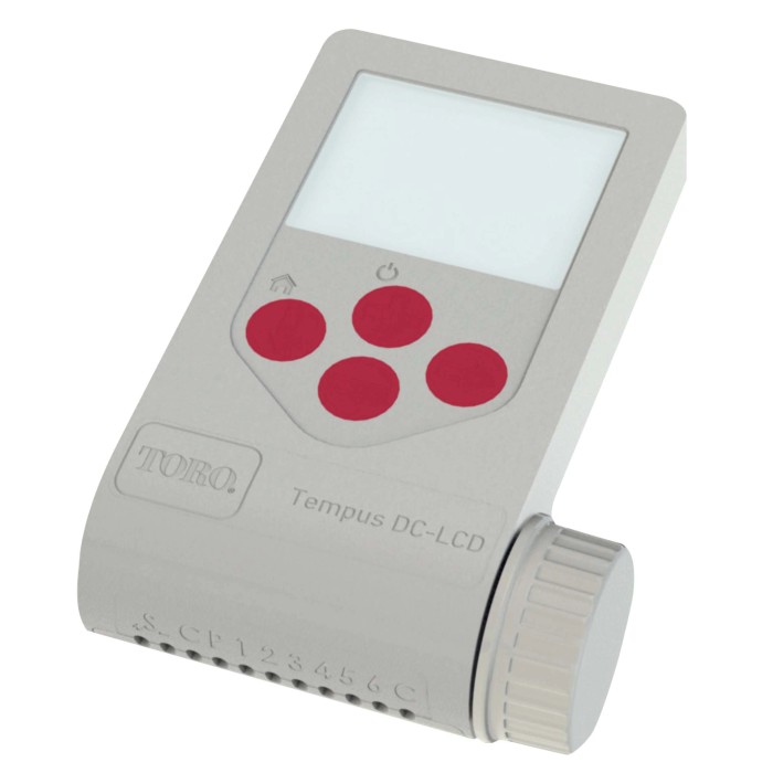 Programmatore per irrigazione Toro Tempus DC-LCD con display e pulsanti rossi.