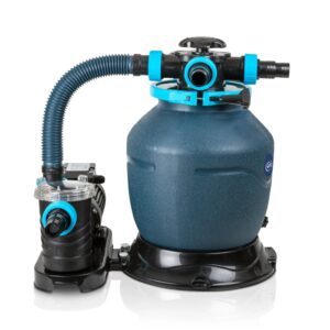Sistema di filtraggio a sabbia Gre Ø 400 mm, design monoblocco nero per piscine fuori terra.