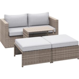 Set lounge Olea Compact 3 pezzi in polyrattan con poltrona, tavolo e sgabelli per balcone e terrazza.