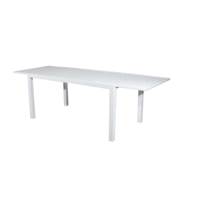 Tavolo da giardino t.b.t. bianco con design a listelli, ideale per esterni.