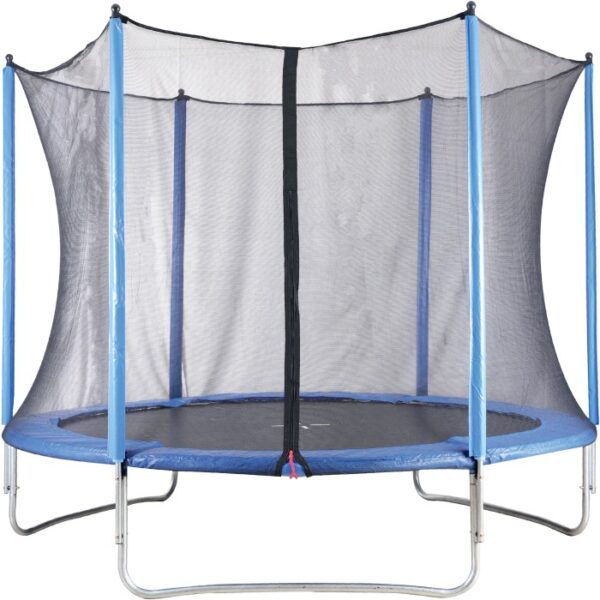 Trampolino da giardino blu con rete di sicurezza per bambini e adulti.