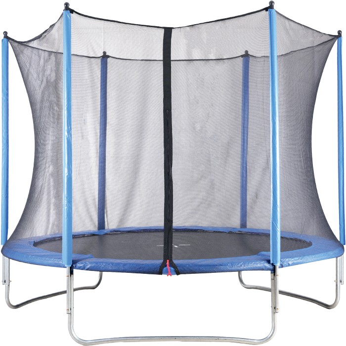 Trampolino da giardino blu con rete di sicurezza per bambini e adulti.