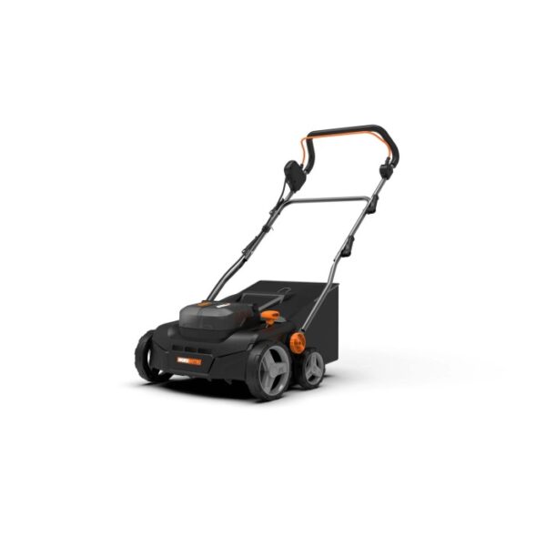 Scarificatore a batteria Worx 40 V WG855E.9 nero e arancione, vista laterale.