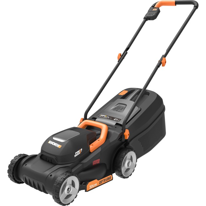 Tagliaerba Worx WG730E, larghezza taglio 30 cm, rasaerba elettrico a batteria per piccoli giardini.
